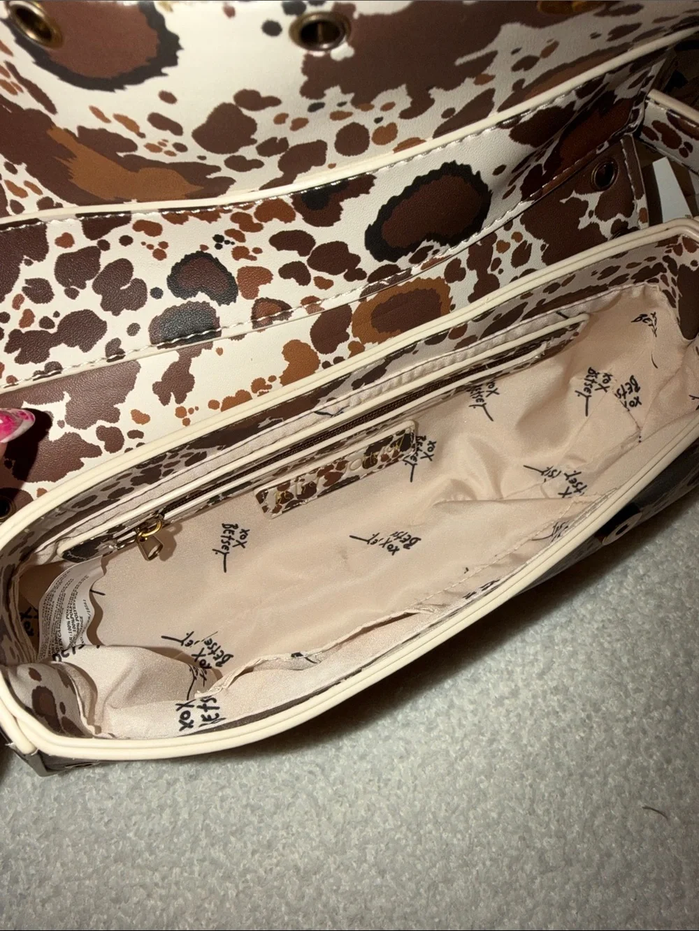 Betsey Johnson Brown and White Cow Print Studded Shoulder Bag
